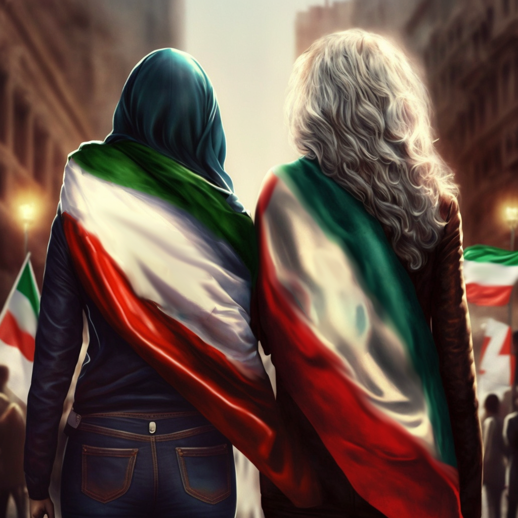 two woman with Iran flag woman life freedom